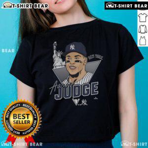 Alt Text: Caricature of Aaron Judge, New York Yankees player, on a stylish ladies tee shirt design.