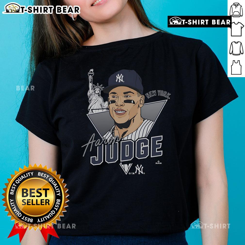 Alt Text: Caricature of Aaron Judge, New York Yankees player, on a stylish ladies tee shirt design.