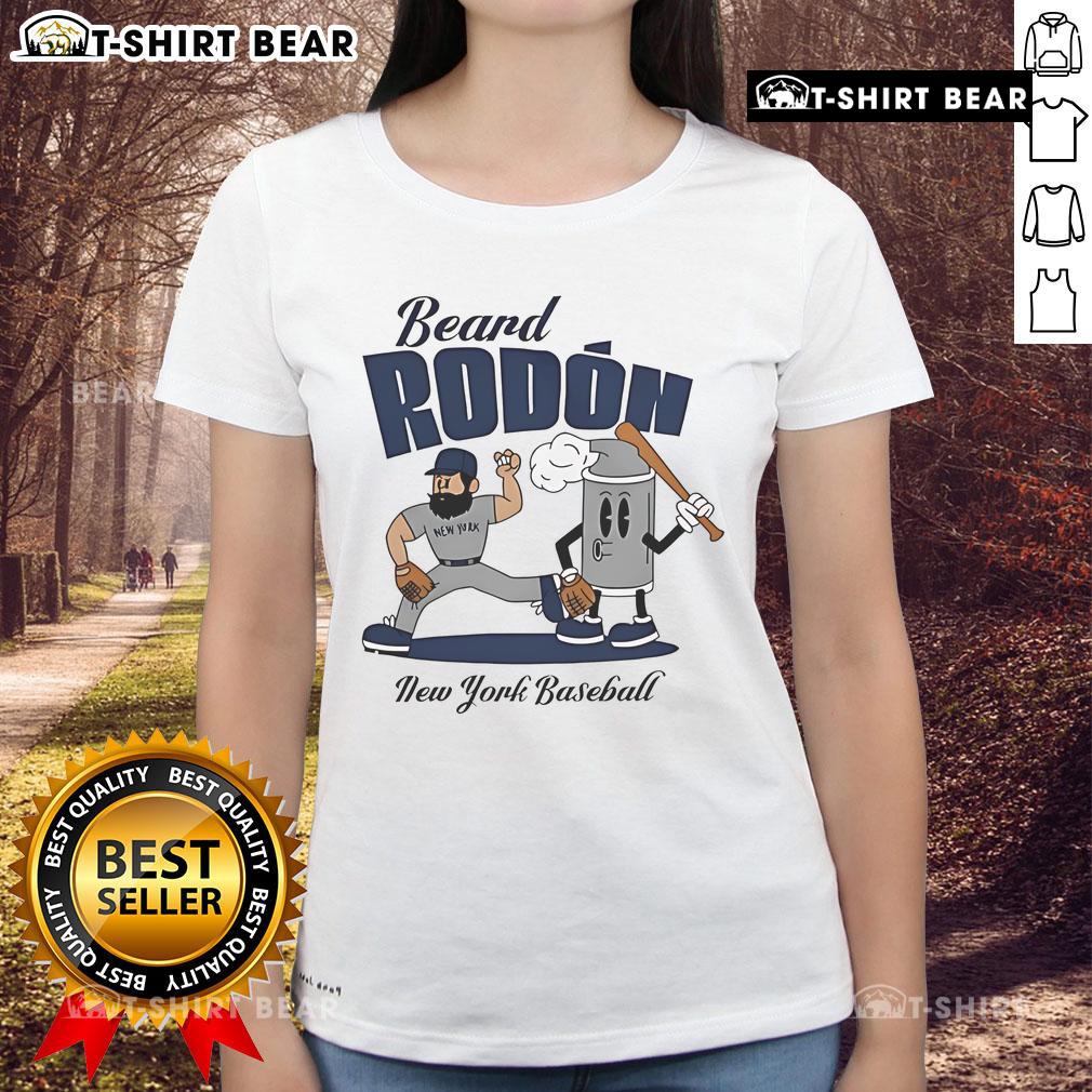 Carlos Rodon in a New York Yankees tee, showcasing his beard during mid-summer baseball season.
