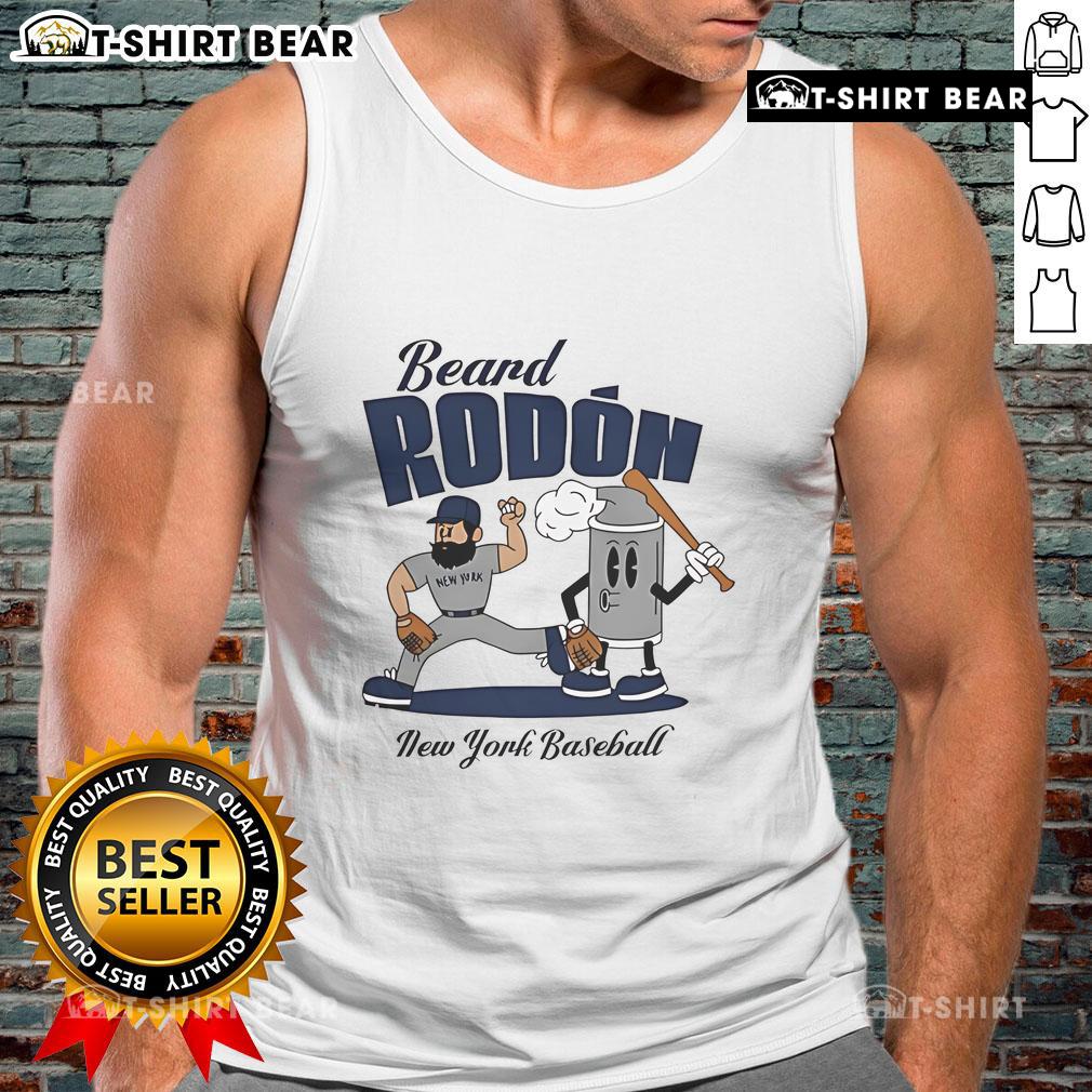 Alt Text: Carlos Rodon in a New York Yankees tank top, showcasing his beard during mid-summer baseball season.