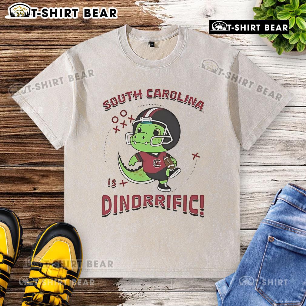 Alt Text: Awesome Dinosaur South Carolina Gamecocks Dino Riffic washed t-shirt featuring a fun dino graphic and team colors.