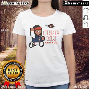 Alt Text: Awesome Game On Caleb Williams Chicago Bears 8-Bit Ladies Tee featuring retro design and team colors.