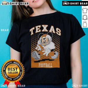 Awesome Mickey Mouse Texas Longhorns football fan ladies tee featuring vibrant graphics and a stylish design.