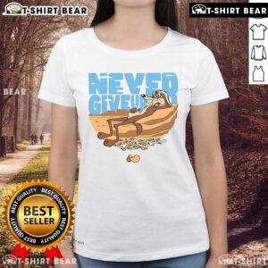 Awesome Never Give Up Wile E. Coyote Looney Tunes ladies tee featuring vibrant graphics, perfect for cartoon fans.