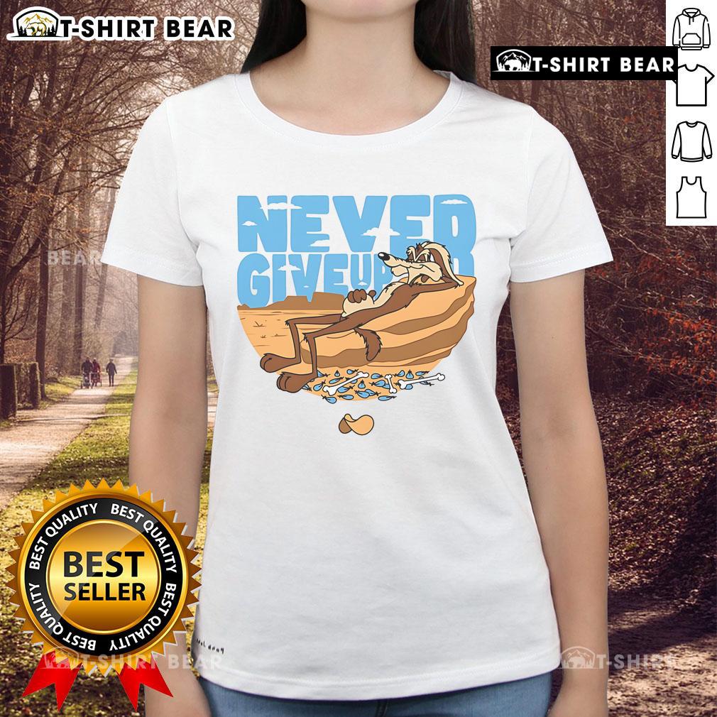 Awesome Never Give Up Wile E. Coyote Looney Tunes ladies tee featuring vibrant graphics, perfect for cartoon fans.