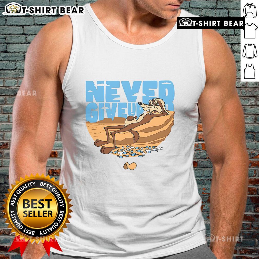 Awesome Never Give Up Wile E. Coyote Looney Tunes tank top featuring a vibrant design of the iconic character.