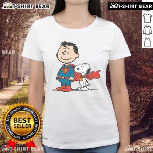 Awesome Super Peanuts Snoopy Superman Ladies Tee featuring a fun graphic design, perfect for fans of classic cartoons.