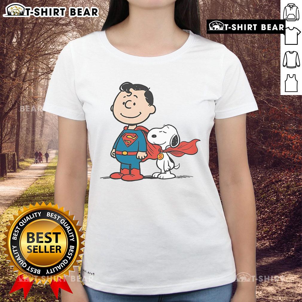 Awesome Super Peanuts Snoopy Superman Ladies Tee featuring a fun graphic design, perfect for fans of classic cartoons.