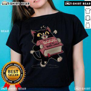 Cute cat graphic on 'The Little Book of My Nine Lives' ladies tee, perfect for cat lovers and stylish outfits.