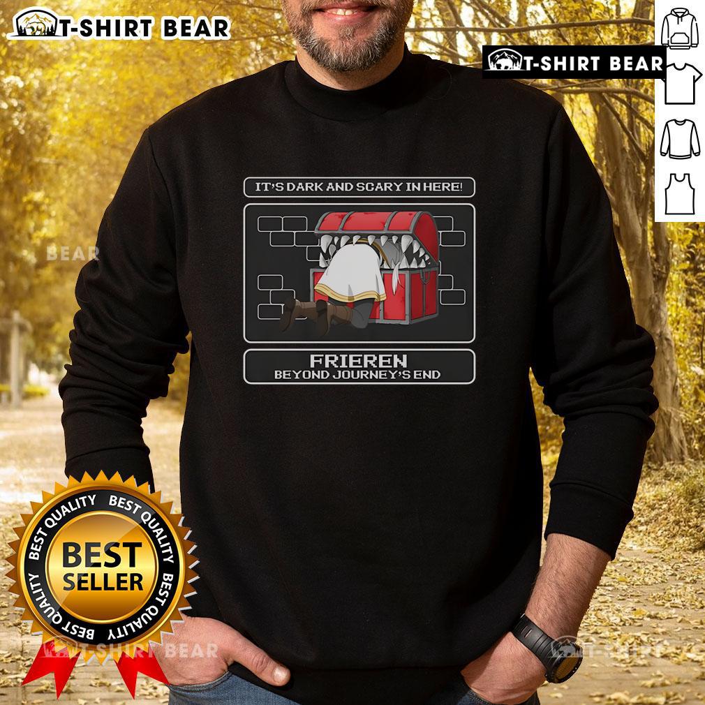 Cute 'It's Dark and Scary in Here' Freiren Beyond Journey's End sweatshirt featuring a cozy design and vibrant colors.