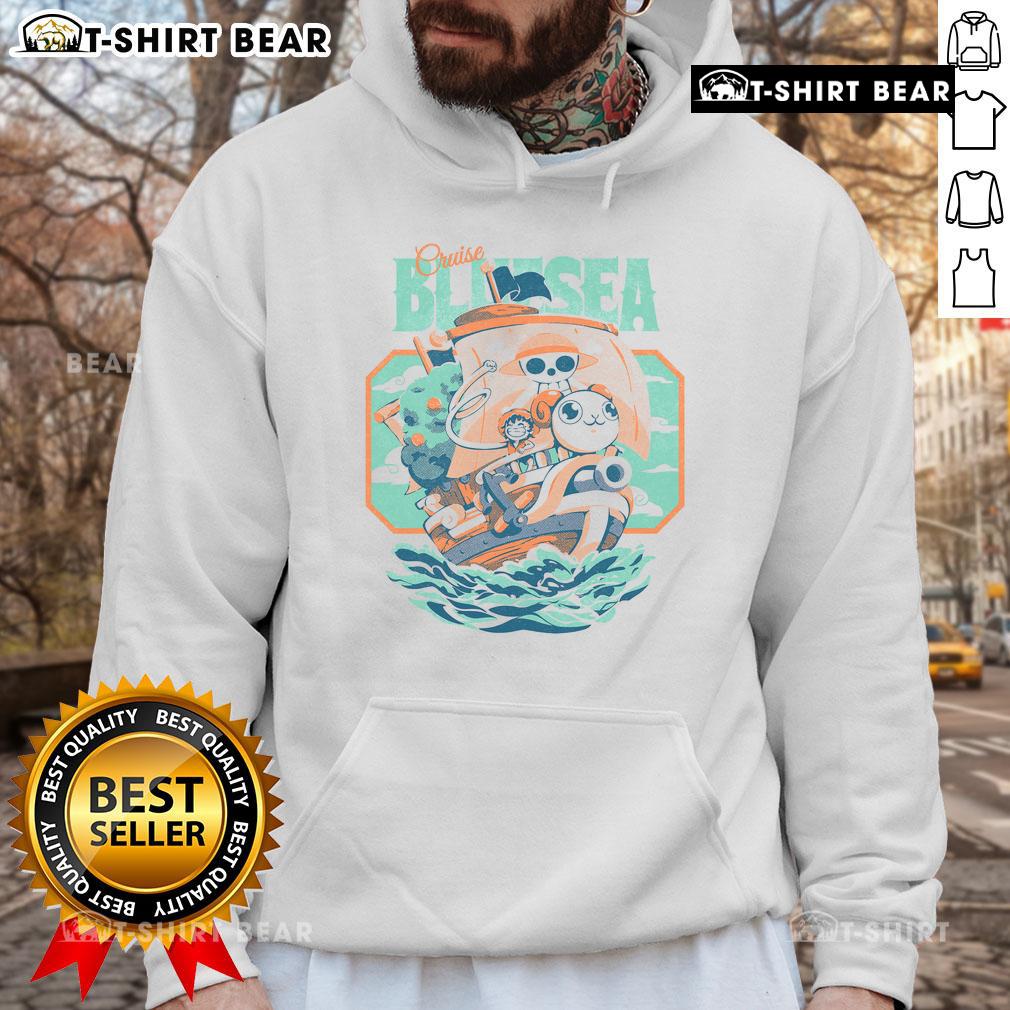 Cute Monkey D. Luffy in a One Piece hoodie, sailing on a blue sea cruise, perfect for anime fans.