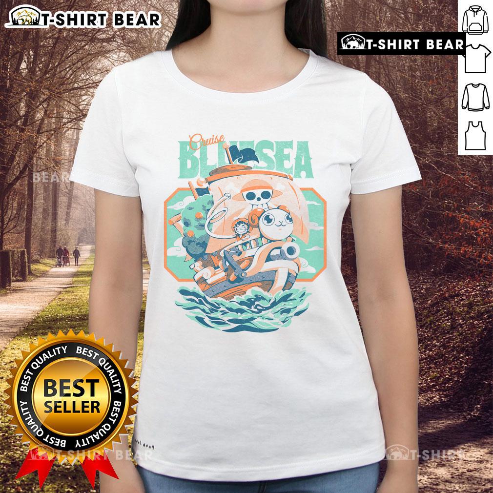 Cute Monkey D. Luffy from One Piece on a blue sea cruise, perfect for ladies' tee fans of the anime series.