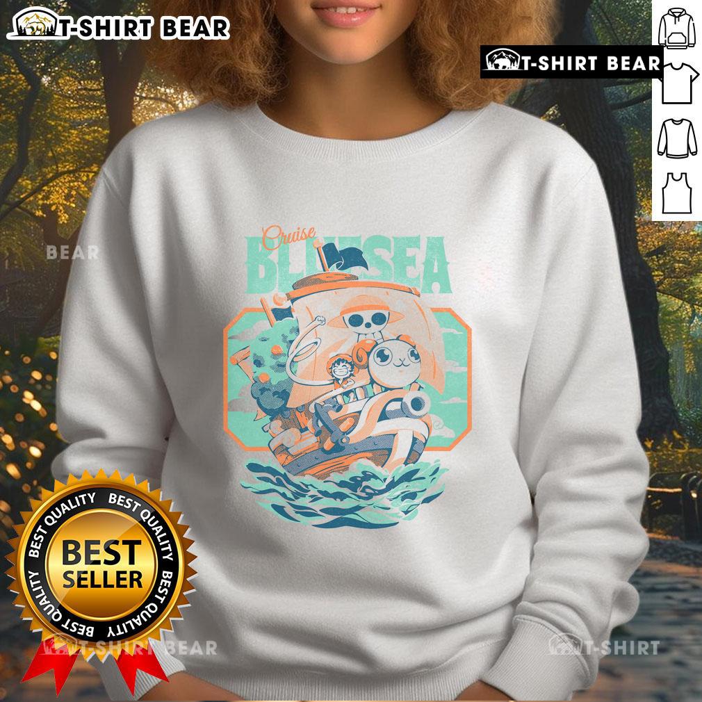 Cute Monkey D. Luffy from One Piece wearing a blue sea cruise sweatshirt, perfect for anime fans.