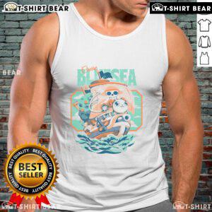 Alt Text: Cute Monkey D. Luffy from One Piece wearing a blue sea cruise tank top, perfect for fans and summer adventures.