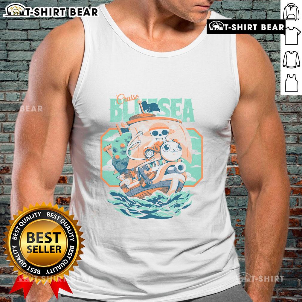 Alt Text: Cute Monkey D. Luffy from One Piece wearing a blue sea cruise tank top, perfect for fans and summer adventures.