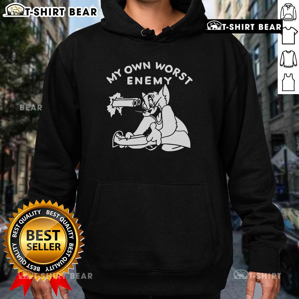 Cute Tom Cat hoodie featuring My Own Worst Enemy text, perfect for cat lovers and cozy casual wear.