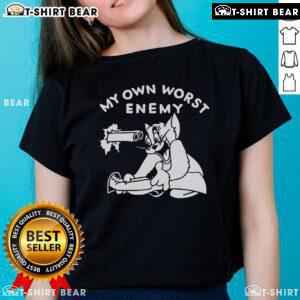 Alt Text: Cute tom cat design on a ladies tee, featuring the phrase 'My Own Worst Enemy' in playful typography.