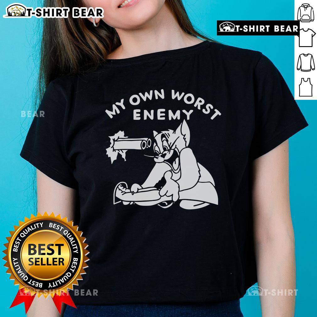 Alt Text: Cute tom cat design on a ladies tee, featuring the phrase 'My Own Worst Enemy' in playful typography.