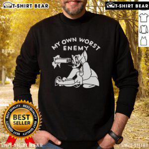 Adorable Tom cat graphic on 'My Own Worst Enemy' sweatshirt, perfect for cat lovers and cozy casual wear.
