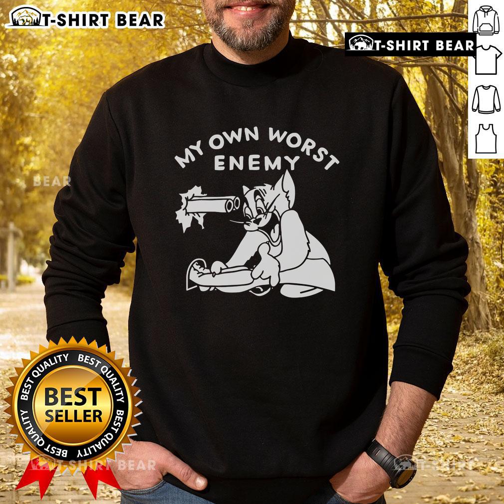 Adorable Tom cat graphic on 'My Own Worst Enemy' sweatshirt, perfect for cat lovers and cozy casual wear.