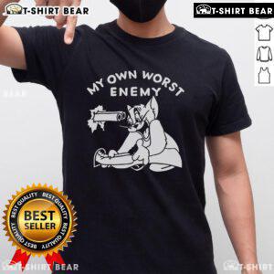 Alt Text: Cute Tom Cat graphic on a My Own Worst Enemy T-Shirt, perfect for cat lovers and humor enthusiasts.
