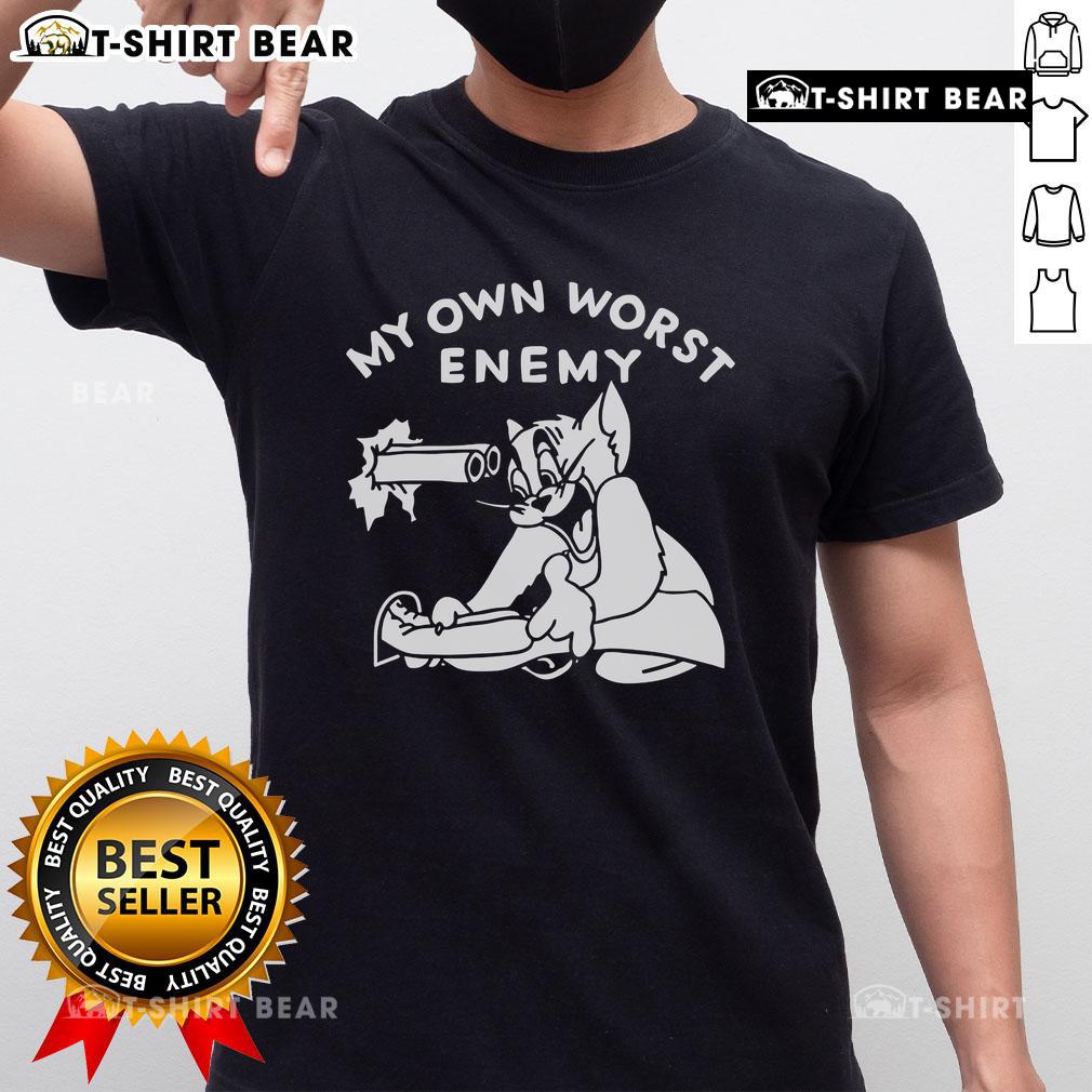 Alt Text: Cute Tom Cat graphic on a My Own Worst Enemy T-Shirt, perfect for cat lovers and humor enthusiasts.