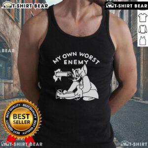 Cute tom cat wearing 'My Own Worst Enemy' tank top, showcasing a playful design perfect for cat lovers and trendy apparel.