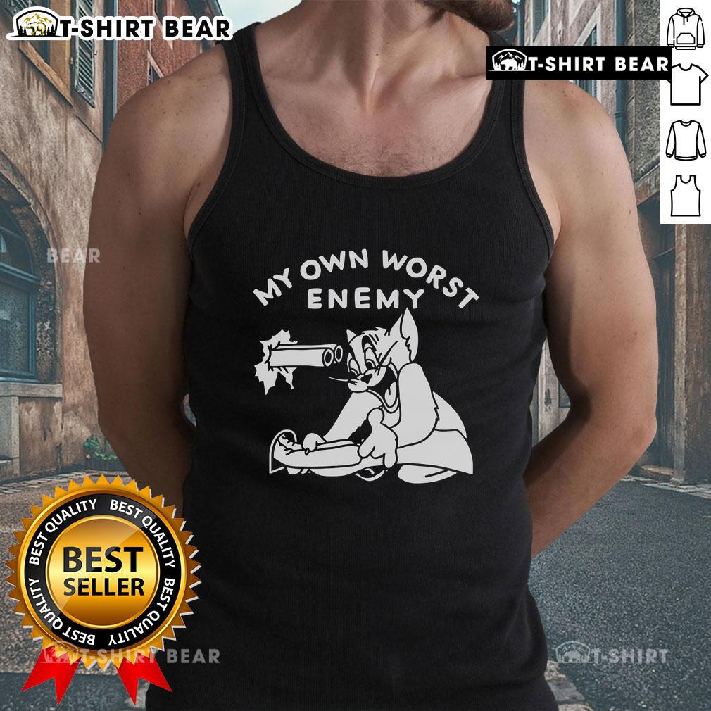 Cute tom cat wearing 'My Own Worst Enemy' tank top, showcasing a playful design perfect for cat lovers and trendy apparel.