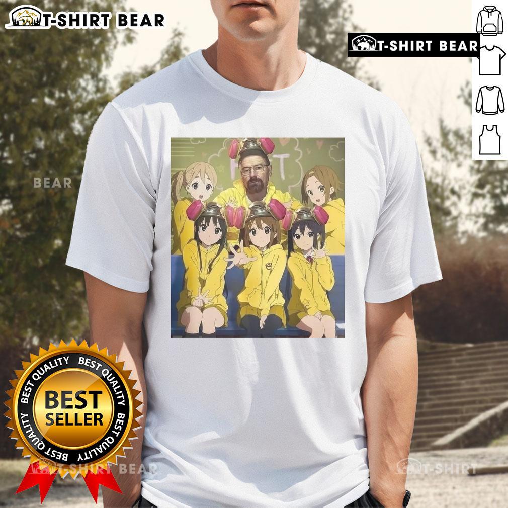 Alt Text: Cute Walter White Breaking Bad design featuring K-On girls on a vibrant anime T-shirt, perfect for fans.