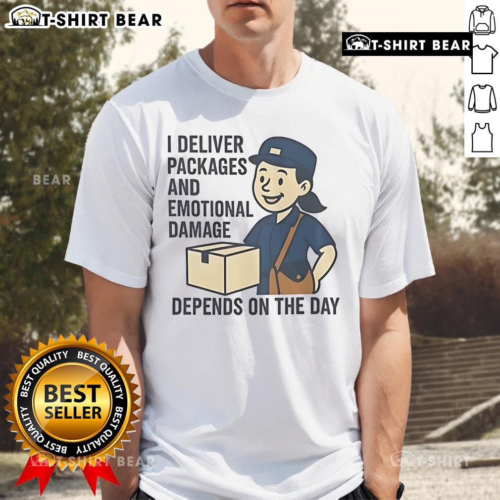 Funny I Deliver Packages And Emotional Damage T-Shirt design featuring humor about delivery work and emotional ups and downs.