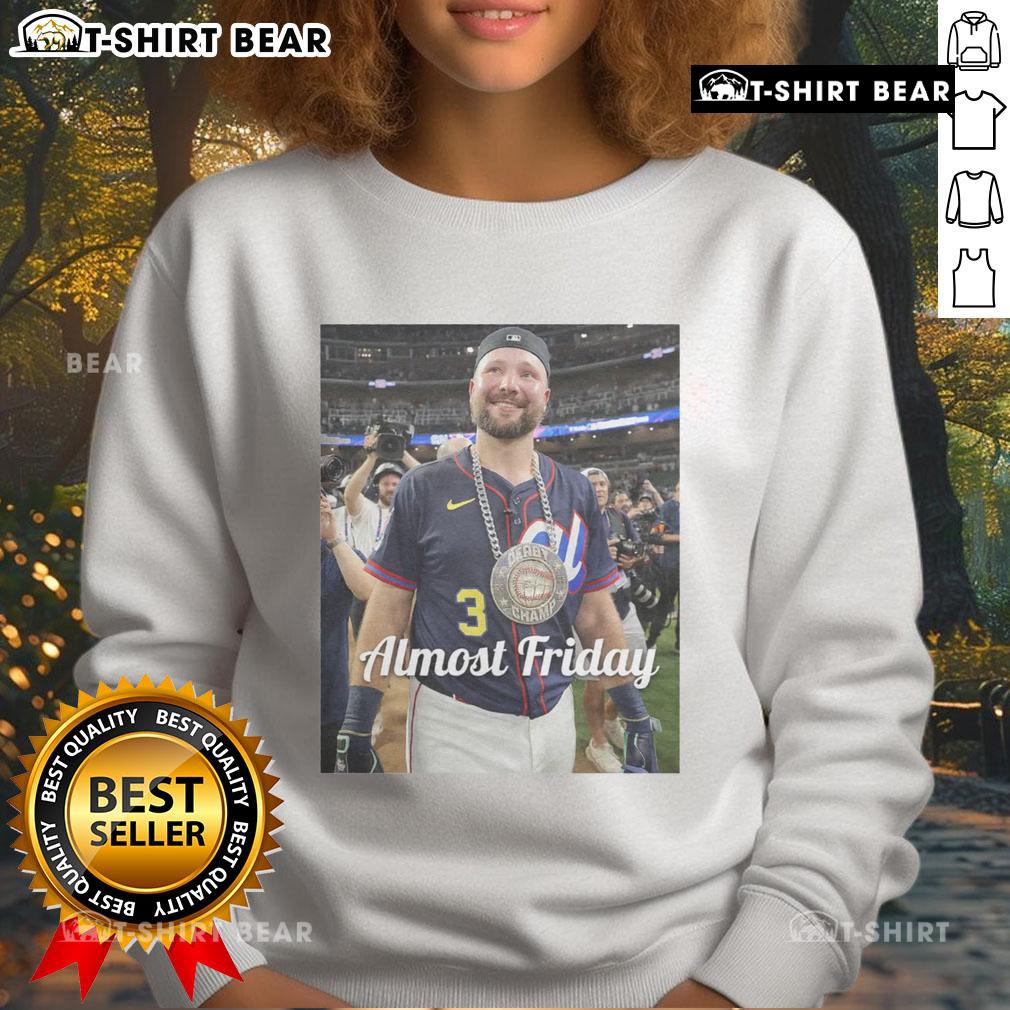 Hot Almost Friday Raleigh Homerun Derby Sweatshirt featuring a vibrant design perfect for baseball fans.