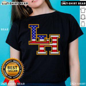 Hot Liberty Hill Panthers Crown Trio USA Flag Patriotic Fourth of July Ladies Tee showcasing vibrant red, white, and blue design.