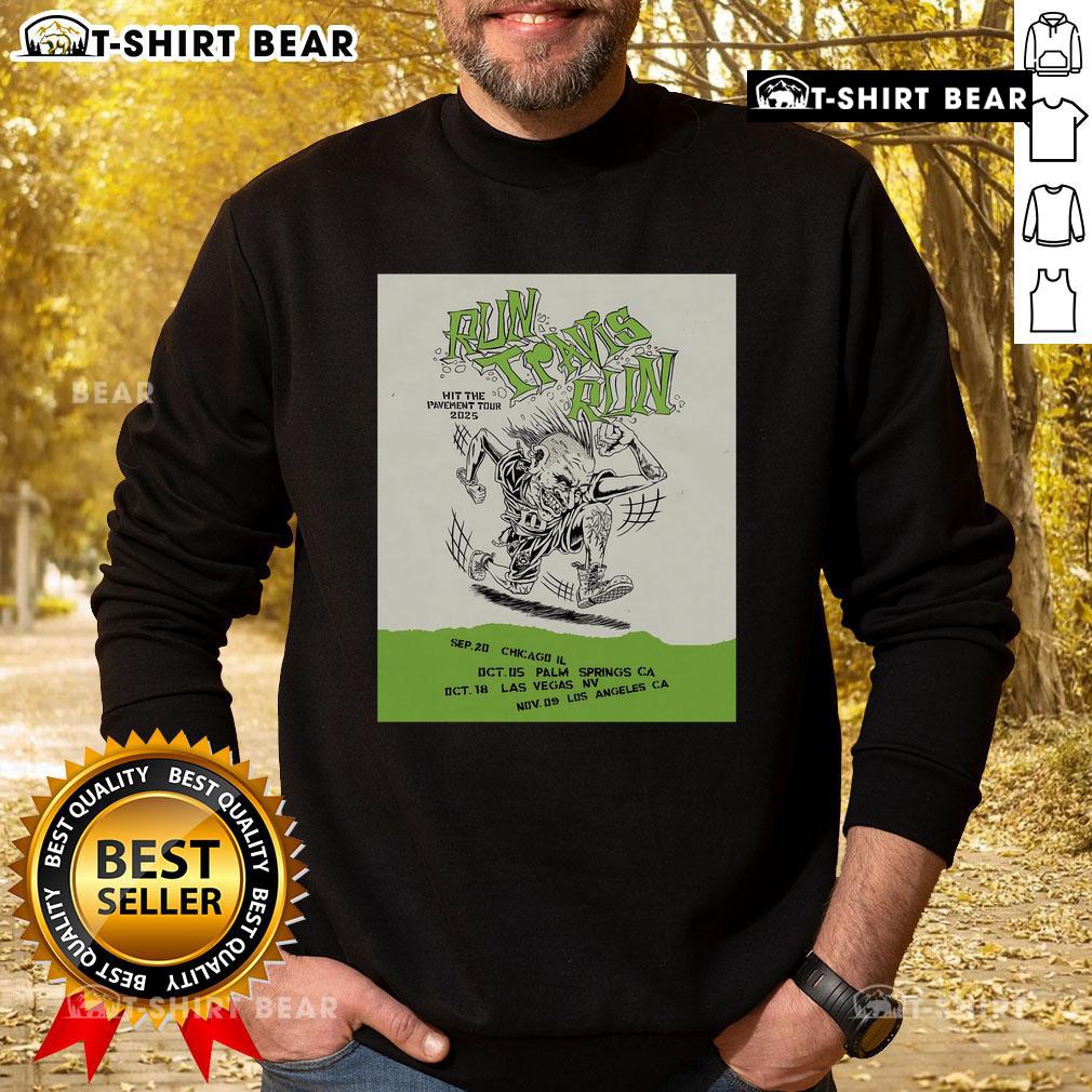 Travis Barker wearing a Nice Blink-182 Run sweatshirt during the Hit Pavement Tour 2025, showcasing vibrant tour merchandise.