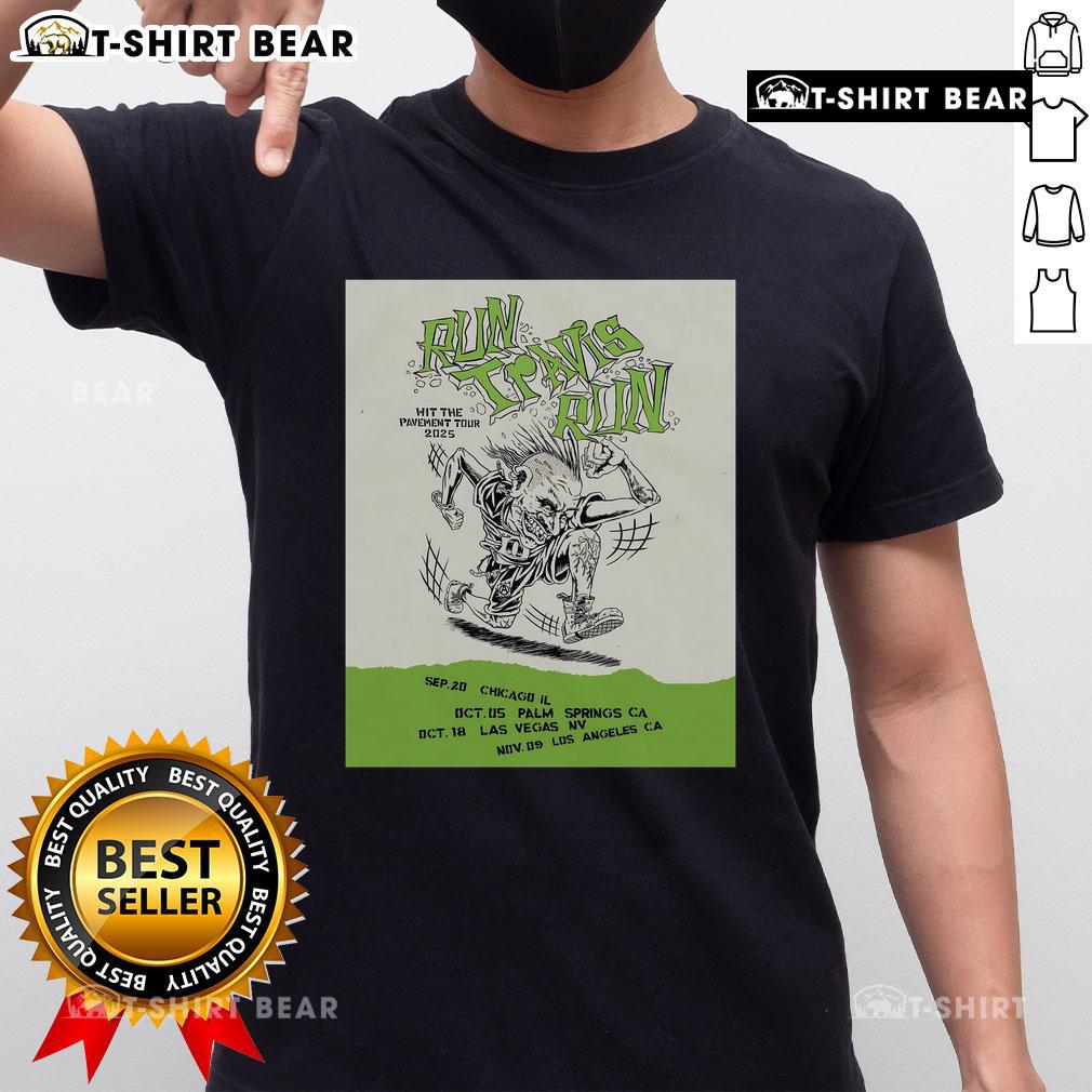 Nice Blink-182 Run Travis Run Hit Pavement Tour 2025 T-Shirt featuring vibrant graphics and tour details.