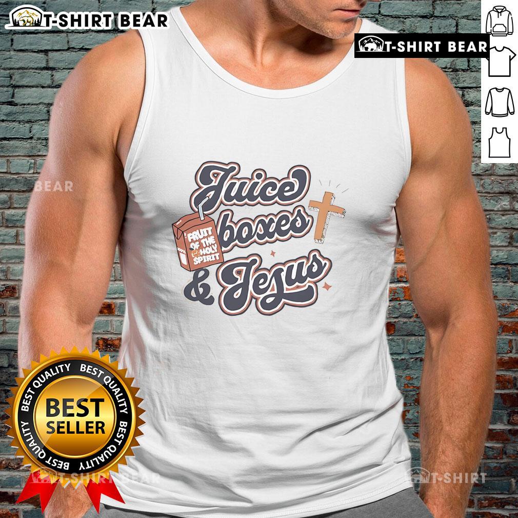 Colorful juice boxes and a stylish Jesus tank top displayed together, perfect for summer outings and casual wear.