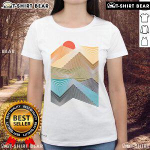 Stylish Nice The Geometric Mountain Sunset Ladies Tee featuring vibrant sunset colors and geometric mountain design.