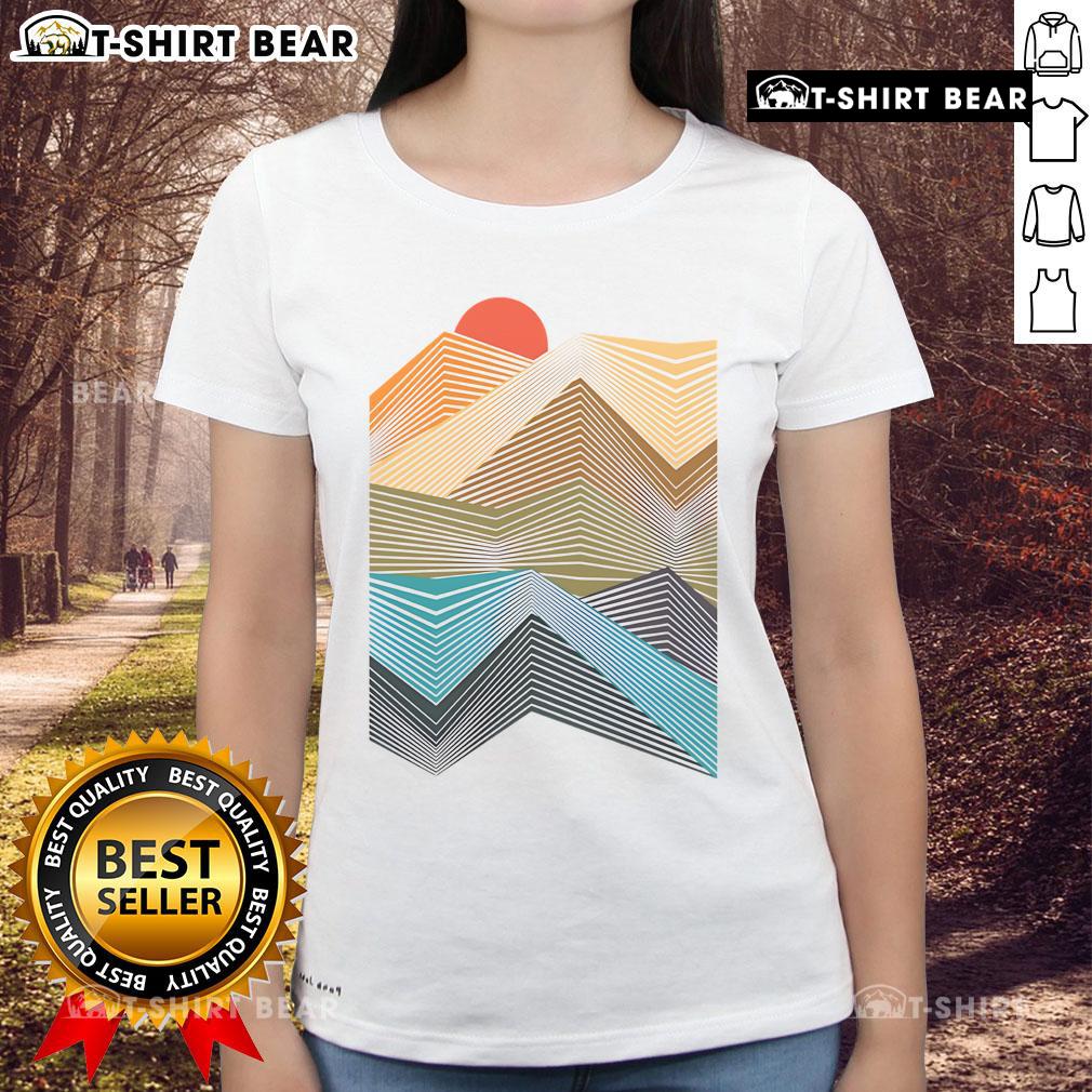 Stylish Nice The Geometric Mountain Sunset Ladies Tee featuring vibrant sunset colors and geometric mountain design.