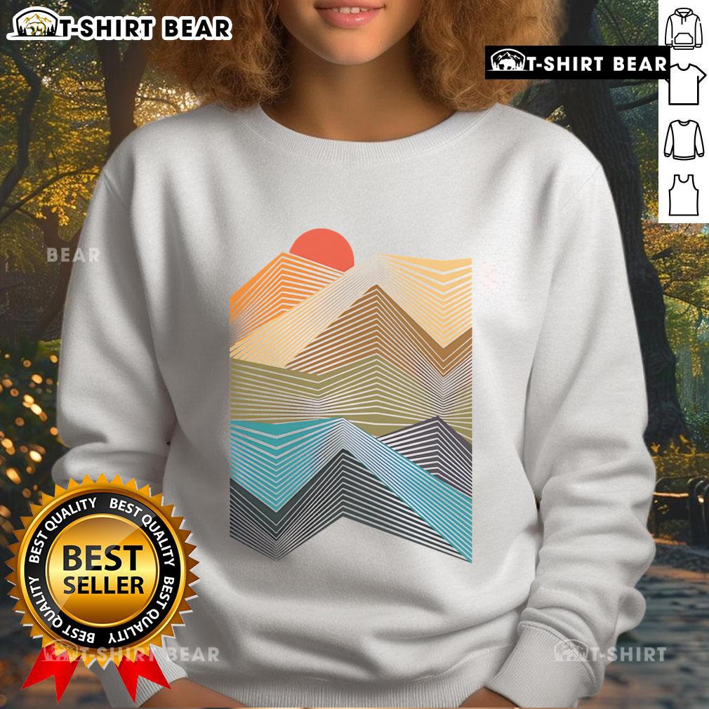 Geometric mountain sunset sweatshirt design featuring vibrant colors and a serene landscape, perfect for outdoor enthusiasts.