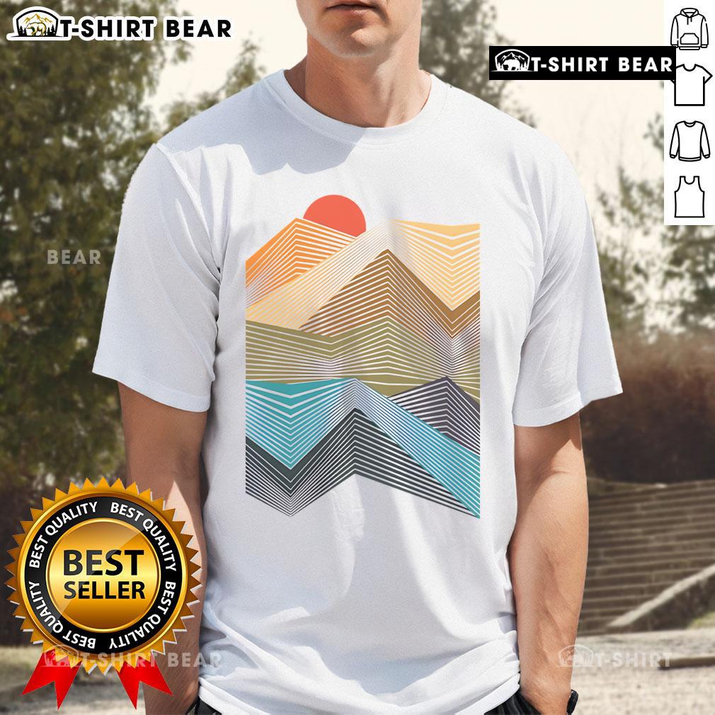 Alt Text: Nice The Geometric Mountain Sunset T-Shirt featuring a colorful mountain design against a vibrant sunset backdrop.