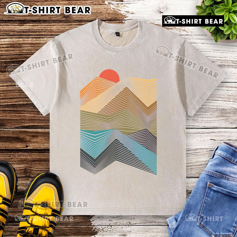 Nice The Geometric Mountain Sunset Washed T-Shirt featuring a vibrant sunset design over geometric mountains.