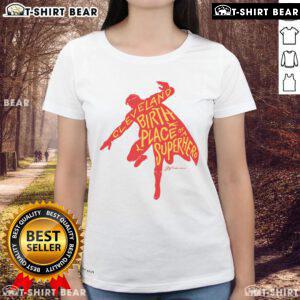 Official Cleveland Birth Place of a Superhero silhouette on a stylish ladies tee, perfect for superhero fans.