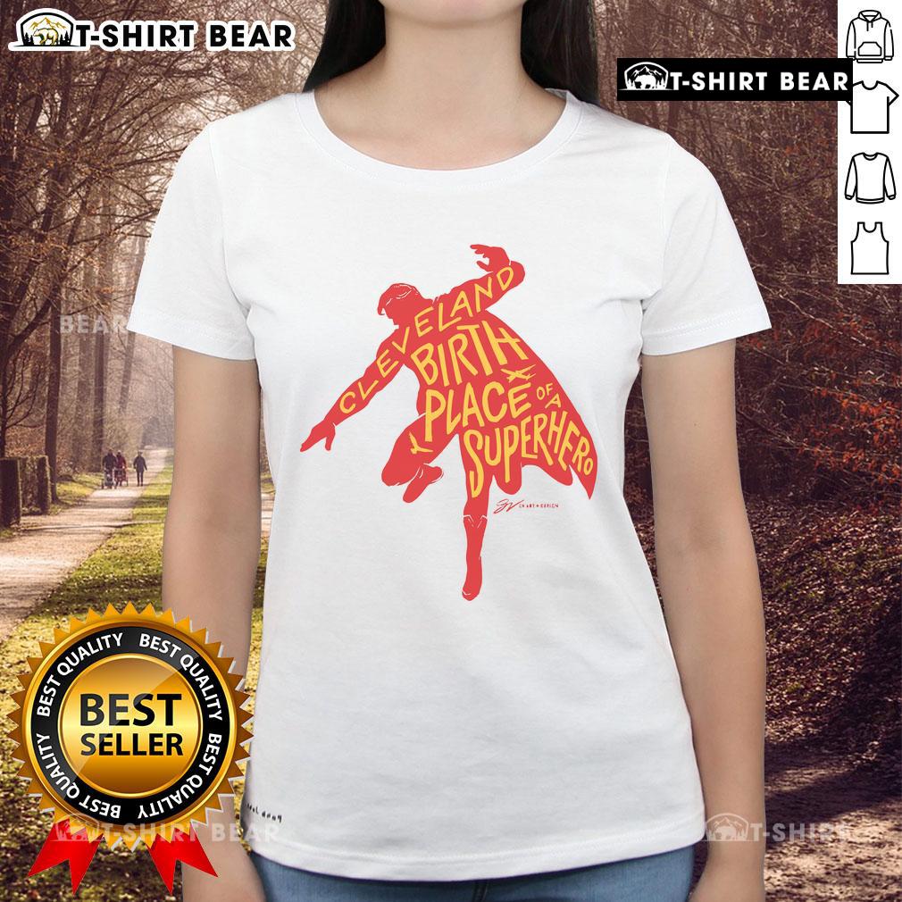 Official Cleveland Birth Place of a Superhero silhouette on a stylish ladies tee, perfect for superhero fans.