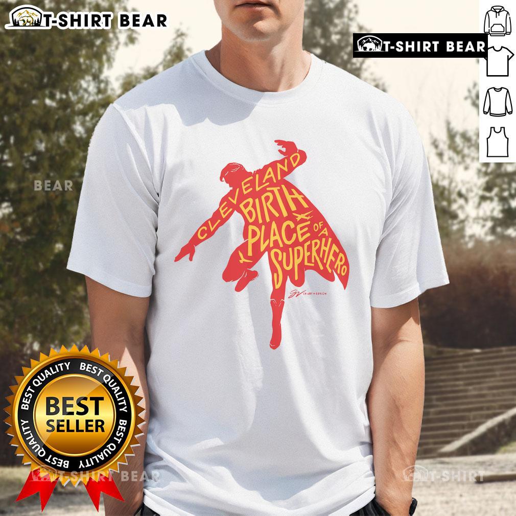 Official Cleveland Birth Place Of A Superhero Silhouette T-Shirt featuring a superhero silhouette design in vibrant colors.