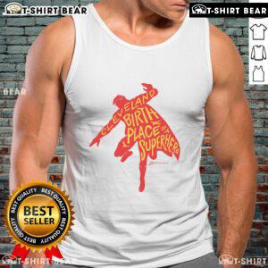 Silhouette tank top featuring the phrase 'Official Cleveland Birthplace of a Superhero' in bold letters.