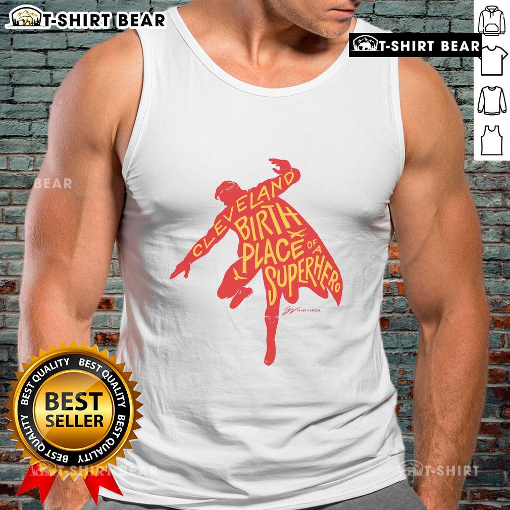 Silhouette tank top featuring the phrase 'Official Cleveland Birthplace of a Superhero' in bold letters.