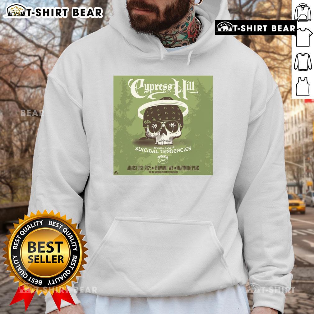 Official Cypress Hill Aug 31, 2025 poster and hoodie from Marymoor Park, Redmond, WA, featuring vibrant design and event details.