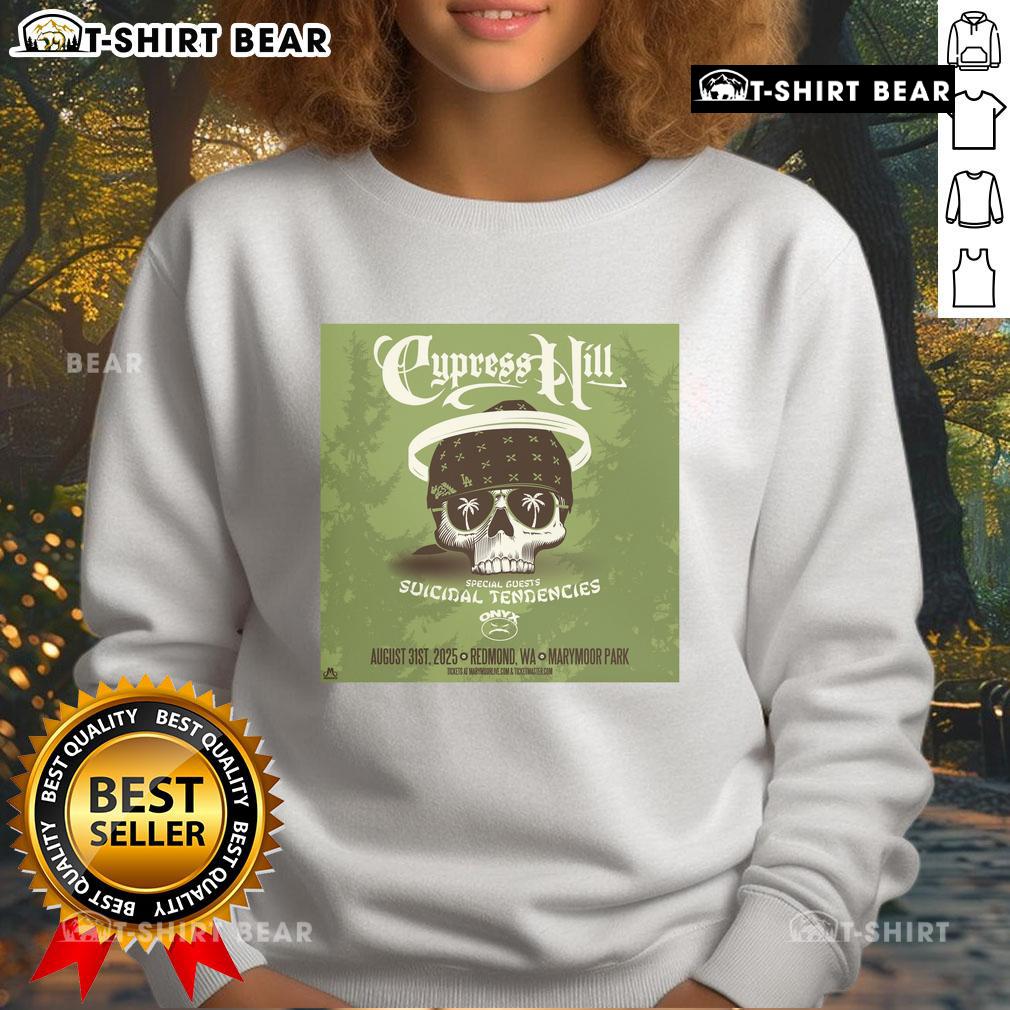 Alt Text: Official Cypress Hill concert poster for Aug 31, 2025, at Marymoor Park, Redmond, WA, featured on a sweatshirt.