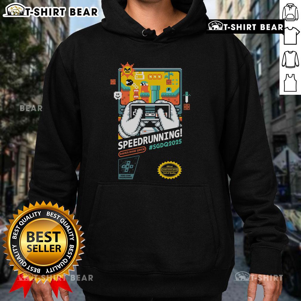 Alt Text: Official Mario SGDQ Speedrunning 2025 Retro Gamer Hoodie featuring vibrant colors and iconic game graphics.
