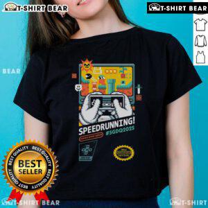 Official Mario SGDQ Speedrunning 2025 Retro Gamer Ladies Tee featuring vibrant graphics and a stylish fit for gamers.