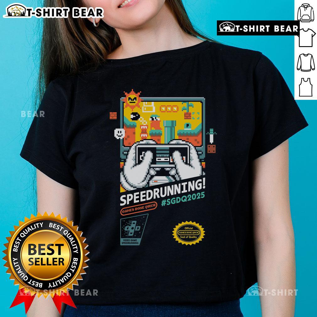 Official Mario SGDQ Speedrunning 2025 Retro Gamer Ladies Tee featuring vibrant graphics and a stylish fit for gamers.